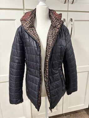Fendi Like Black Reversible Quilted Jacket with Brown Geometric Trim